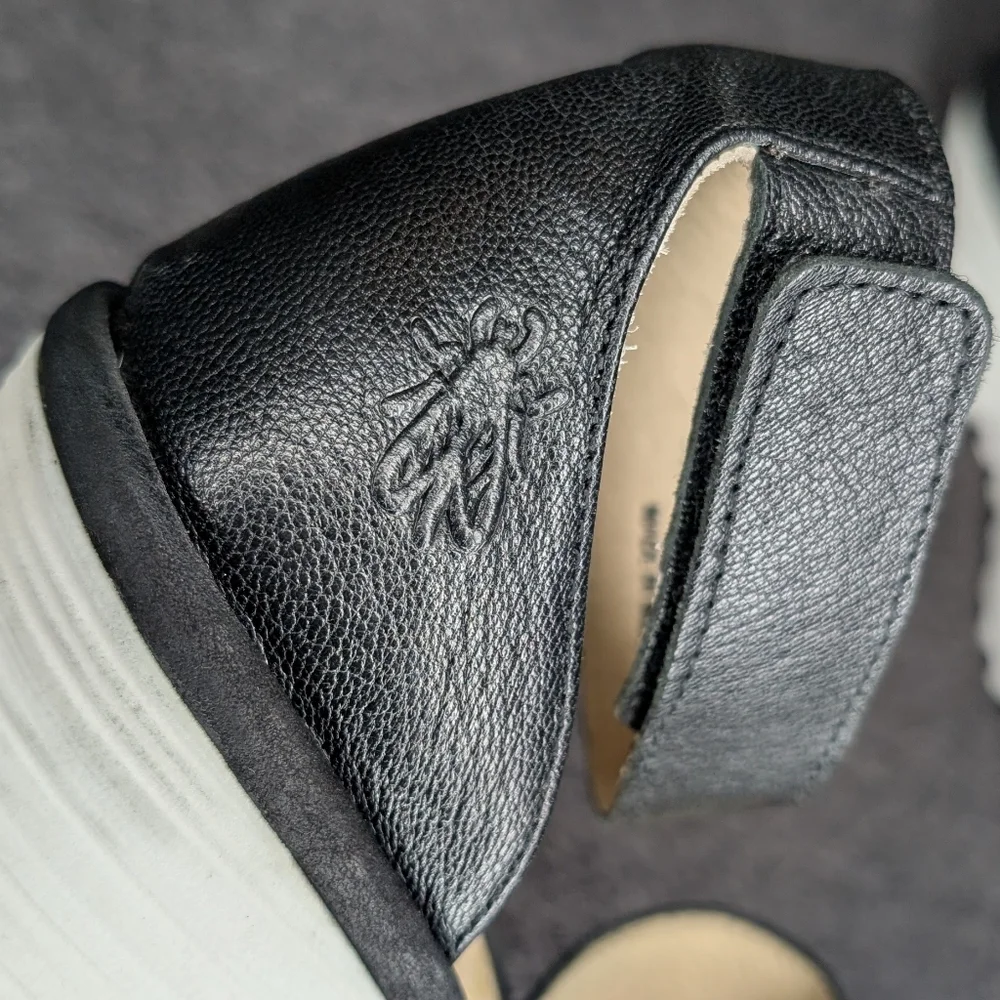 Fly London Yake Perforated Wedge Sandals Black White Women's 39 8-8.5